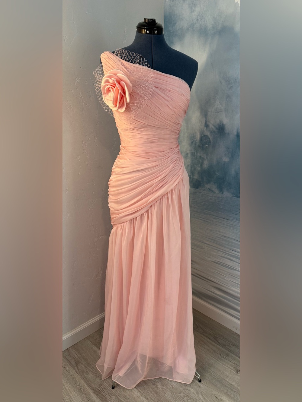 Blush One-Shoulder Ruched Evening Gown with Floral Accen#391